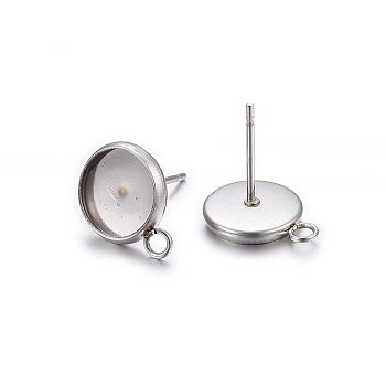 304 Stainless Steel Stud Earring Settings, with Loop, Flat Round, Stainless Steel Color, Tray: 16mm, 21x18mm, Hole: 1.8mm