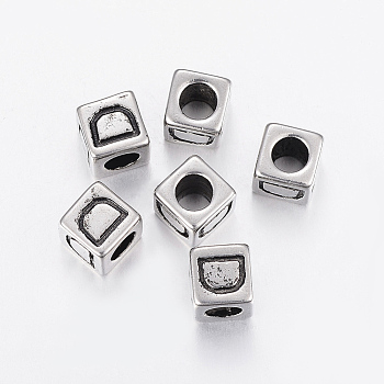 304 Stainless Steel Large Hole Letter European Beads, Cube with Letter.D, Antique Silver, 8x8x8mm, Hole: 5mm