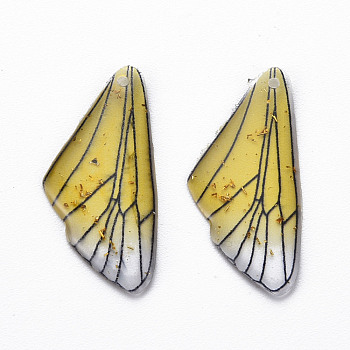 Transparent Resin Pendants, with Gold Foil, Insects Wing, Champagne Yellow, 24.5x11.5x2mm, Hole: 1mm