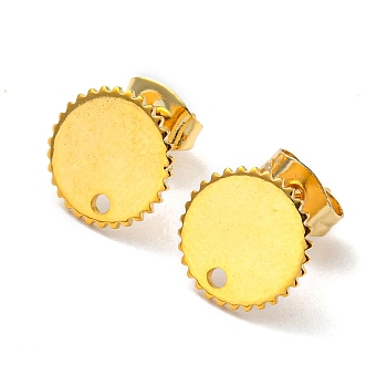 201 Stainless Steel Stud Earring Findings, with 304 Stainless Steel Pin & Hole & Friction Ear Nuts, Flat Round, Real 24K Gold Plated, 10mm, Hole: 1.2mm, Pin: 0.8mm