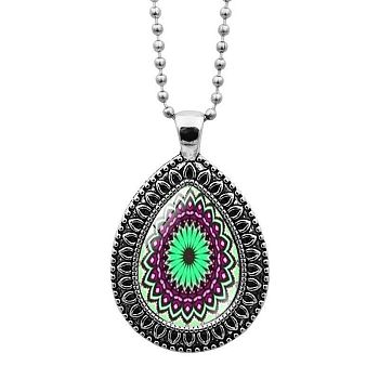 Glass Teardrop with Mandala Flower Pendant Necklace with Ball Chains, Platinum Alloy Jewelry for Women, Pale Green, 23.62 inch(60cm)