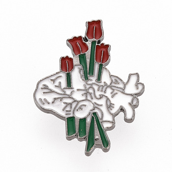 Rack Plating Alloy Enamel Brooches, Enamel Pins, with Brass Butterfly Clutches, Cerebrum with Flower, Cadmium Free & Nickel Free & Lead Free, Gunmetal, White, 35.5x27mm, Pin: 1mm