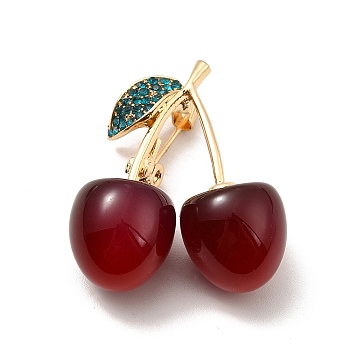 3D Resin Cherry Brooch Pin with Rhinestone, Golden Alloy Badge for Backpack Clothes, Cadmium Free & Lead Free, Dark Red, 36.5x30.5x15mm, Pin: 0.8mm