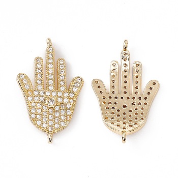 Brass Micro Pave Clear Cubic Zirconia Connector Charms, Religion, Hamsa Hand/Hand of Miriam Links, Real 18K Gold Plated, 25.5x16x2mm, Hole: 1mm