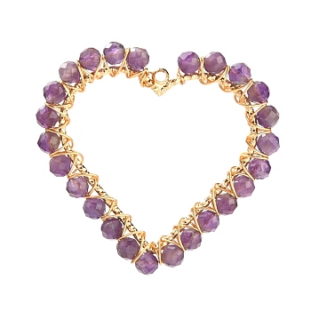 Heart Natural Faceted Amethyst Pendants, Wire Wrapped Pendants, with Brass Findings and Eco-Friendly Copper Wire, Golden, 39x42x4mm, Hole: 1.8mm