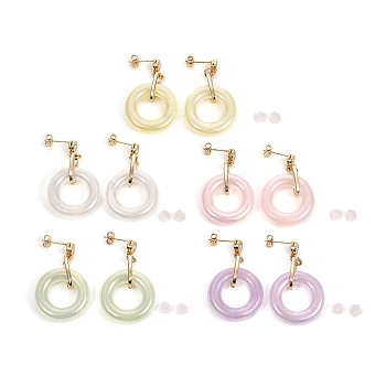 Ring Shape Transparent Acrylic Dangle Stud Earrings, with Aluminium Linking Rings, Brass Cubic Zirconia Stud Earring Findings, Brass & Plastic Ear Nuts, Mixed Color, 41x25x8.5mm, Pin: 0.7mm