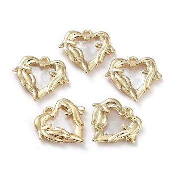 Rack Plating Brass Pendants, with Shell, Real 18K Gold Plated Heart Wing Charms, WhiteSmoke, 16.5x17.5x2.5mm, Hole: 1.5mm