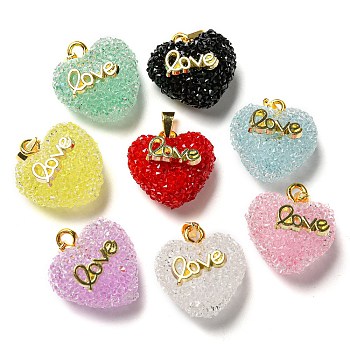 Druzy Resin Pendants, Word Love Heart Charms with Rack Plating Golden Tone Brass Snap on Bails, Long-Lasting Plated, Cadmium Free & Lead Free, Mixed Color, 21x19.5x13.5mm, Hole: 3x6mm