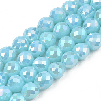Electroplate Opaque Solid Color Glass Beads Strands, AB Color Plated, Faceted, Strawberry, Sky Blue, 6x6mm, Hole: 1.4mm, about 100pcs/strand, 24.02 inch(61cm)