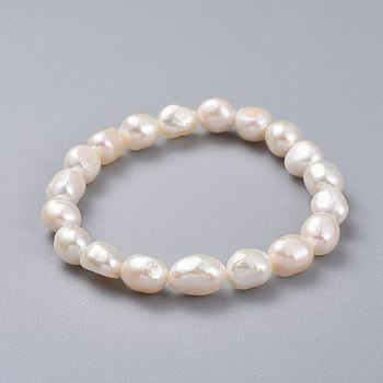 Natural Pearl Stretch Bracelets, with Burlap Packing Pouches Drawstring Bags, Oval, Antique White, 2-1/8 inch(5.5cm)