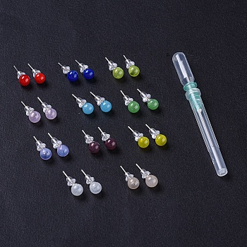 Round Lampwork Ball Stud Earrings, with Platinum Plated Brass Findings, Plastic Dropper and Ear Nuts, Mixed Color, 17.5mm, Pin: 0.6mm, Teardrop: 74x7.5mm