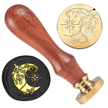 Wax Seal Stamp Set, Golden Tone Sealing Wax Stamp Solid Brass Head, with Retro Wood Handle, for Envelopes Invitations, Gift Card, Moon, 83x22mm, Stamps: 25x14.5mm