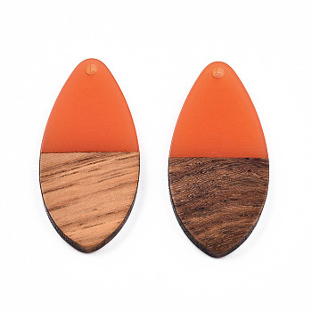 Transparent Resin & Walnut Wood Pendants, Teardrop Shape Charm, Coral, 38x18x3mm, Hole: 2mm