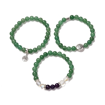 Tree of Life & Lotus Stretch Bracelets Set for Men Women, Natural Green Aventurine & Amethyst & Synthetic Moonstone Beads, Inner Diameter: 2-1/8 inch(5.5cm), 3pcs/set