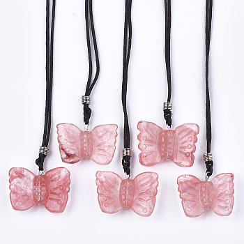 Watermelon Stone Glass Pendant Necklaces, with Polyester Cords and Iron & Brass Findings, Butterfly, 14.1 inch~29.9 inch(36~76cm), 1.5mm, Pendant: 21~24x29~34x7~8mm