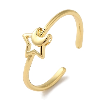 Moon with Star Rack Plating Brass Open Cuff Rings for Women, Long-Lasting Plated, Lead Free & Cadmium Free, Real 18K Gold Plated, 2~7mm, Adjustable