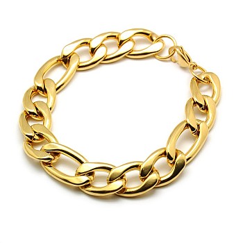 Trendy Men's 304 Stainless Steel Figaro Chain Bracelets, with Lobster Claw Clasps, Golden, 8-1/2 inch(215mm), 13mm