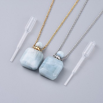 Natural Aquamarine Perfume Bottle Pendant Necklaces, with Brass Cable Chains, Lobster Claw Clasps and Plastic Dropper, 50~55cm, Bottle Capacity: 0.15~0.3ml(0.005~0.01 fl. oz), 2mm