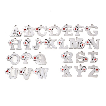 304 Stainless Steel Rhinestone Pendants Sets, Flower & Letter A~Z Charms, Stainless Steel Color, 14.5~15.5x9.5~20x2~2.5mm, Hole: 1.5mm