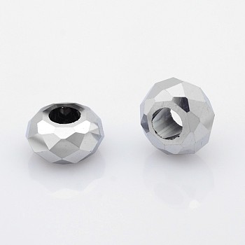 Full Plated Electroplate Glass Beads, Large Hole Rondelle Beads, Faceted, Silver Plated, 14x8mm, Hole: 6mm