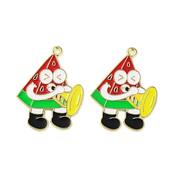 Golden Plated Alloy Enamel Pendants, Cadmium Free & Lead Free, Cartoon Fruits with Trumpet, Watermelon, 32x24x1mm, Hole: 1.8mm