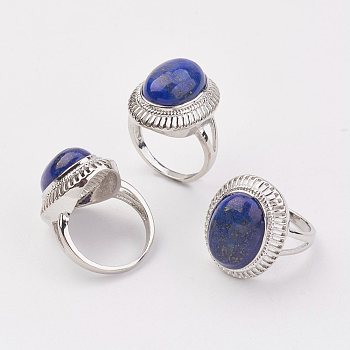 Natural Lapis Lazuli Finger Rings, with Brass Ring Finding, Platinum, Oval, Size 8, 18mm