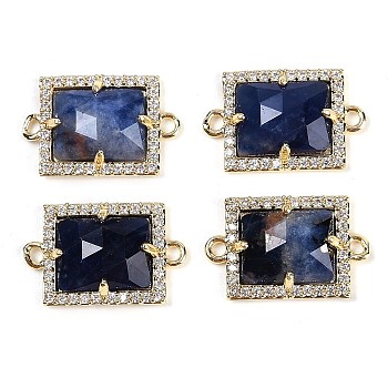 Natural Sodalite Faceted Rectangle Links, Rack Plating Brass Micro Pave Clear Cubic Zirconia Connector Charms, Golden, 11.5x18x4.5mm, Hole: 1.4mm