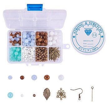 SUNNYCLUE DIY Earring Making, with Round Imitation Gemstone Acrylic Beads, Glass Seed Beads, Leaf Brass Pendants, Iron Eye Pin and Brass Earring Hooks, Mixed Color, Plastic Box: 11x7x3cm