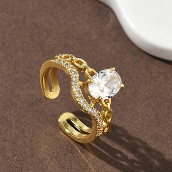 Brass Micro Pave Cubic Zirconia Cuff Open Rings for Women, Chain Shape, Cadmium Free & Lead Free, Rack Plating, Long-Lasting Plated, Golden, 11mm, Inner Diameter: 18mm
