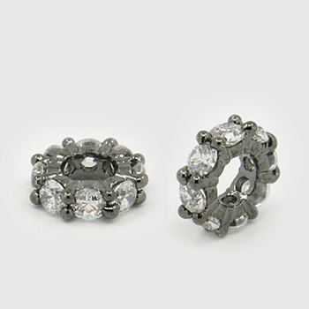 Brass Cubic Zirconia European Beads, Rondelle, Gunmetal, 8x3mm, Hole: 4mm