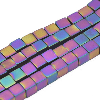 Electroplate Non-magnetic Synthetic Hematite Beads Strands, Matte Style, Cube, Multi-color Plated, 4.5x4x4mm, Hole: 2mm, about 89pcs/strand, 16.1 inch