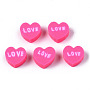 Handmade Polymer Clay Beads, Heart with Word Love, Hot Pink, 8~8.5x9~9.5x4.5mm, Hole: 1.8mm