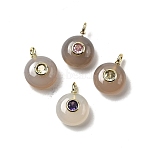 Natural Grey Agate Flat Round Pendants, Rock Crystal Charms with Brass Micro Pave Cubic Zirconia Findings, Golden, 17x12x7.5mm, Hole: 2x1mm(G-H318-01G-A-04)