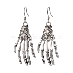 Halloween Themed Skull Hand Dangle Earrings, with 304 Stainless Steel Earring Hooks, Antique Silver & Stainless Steel Color, 50x21.5mm(EJEW-JE06070)