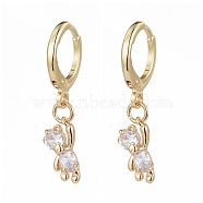 Brass Huggie Hoop Earrings, with Clear Cubic Zirconia and Cardboard Boxes, Bear, Clear, Real 18K Gold Plated, 28mm, Pin: 0.8mm, Bear:12x6x3.5mm(X-EJEW-JE04187-03)