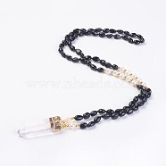 Natural Black Tourmaline and Natural Quartz Crystal Pendant Necklaces, with Pearl and Brass Findings, Bullet, 31.5 inch~32.3 inch(80~82cm), Pendant: 45~55x15x10mm(NJEW-I220-05)