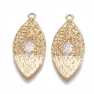 Brass Filigree Pendants, Nickel Free, Real 18K Gold Plated, with Cubic Zirconia, Horse Eye, Clear, 27x13x2.5mm, Hole: 1.5mm(KK-T038-434G)