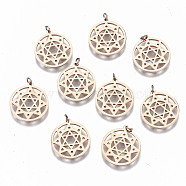 304 Stainless Steel Pendants, Laser Cut, with Jump Rings, Flat Round with Star of David, Rose Gold, 15.5x14x1mm, Jump Ring: 3x0.4mm, 2.2mm inner diameter(STAS-S116-045RG)