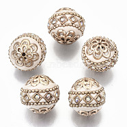 Handmade Indonesia Beads, with Crystal AB Rhinestone and Golden Tone Brass Findings, Round, Old Lace, 19~20x19~21mm, Hole: 1.2~1.5mm(IPDL-N003-007)