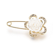 Golden Plated Alloy Brooches, with Rhinestone and Resin, Flower, Crystal, 39.5x23x12mm, Pin: 1mm(JEWB-WH0003-06G)