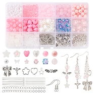 DIY Pink Earring Making Kit, Including Star & Polygon & Flower & Imitation Pearl Acrylic & Glass & Plastic Beads, Bowknot & Key Alloy Pendants, Brass Earring Hooks, Platinum, 600Pcs/set(DIY-FS0004-78)