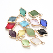 4Pcs Glass Pendants, with Brass Findings, Faceted, Rhombus, Nickel Free, Raw(Unplated), Mixed Color, 18x10x4.5mm, Hole: 2mm(GLAA-YW0001-42)