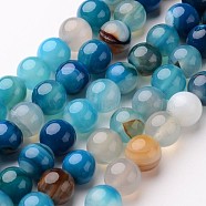 Natural Striped Agate/Banded Agate Beads Strands, Round, Dyed & Heated, Deep Sky Blue, 10mm, Hole: 1mm, about 38pcs/strand, 15 inch(G-D845-01E-10mm)