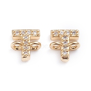 Brass Micro Pave Cubic Zirconia Links Connectors, Long-Lasting Plated, Letter, Clear, Real 18K Gold Plated, Letter.T, 7.2x6.8x2.8mm, Hole: 1mm(ZIRC-I042-16G-T)