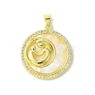 Mother's Day Real 18K Gold Plated Brass Micro Pave Clear Cubic Zirconia Pendants, with Shell, Real 18K Gold Plated, Flat Round, 28x25x4.5mm, Hole: 3.5x4.5mm(KK-H472-13G-10)