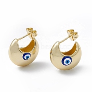 Enamel Crescent Moon with Evil Eye Stud Earrings, Real 18K Gold Plated Brass Half Hoop Earrings for Women, Blue, 16.5x18mm, Pin: 1mm(EJEW-A093-01G-02)