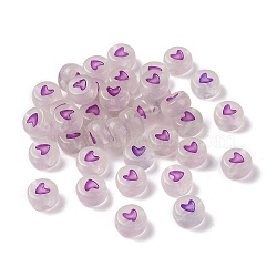 Luminous Acrylic Beads, Glow in the Dark, Flat Round with Heart, Orchid, 7x3.5mm, Hole: 1.2mm, about 3600pcs/500g(MACR-S273-39D)