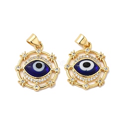 Handmade Evil Eye Lampwork Pendants, with Brass Cubic Zirconia Finding, Cadmium Free & Lead Free, Real 18K Gold Plated, Flat Round Charm, Dark Blue, 20.5x17.5x3.3mm, Hole: 3x4.3mm(LAMP-E034-02G-05)