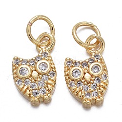 Brass Micro Pave Cubic Zirconia Charms, with Jump Rings, Owl, Clear, Real 18K Gold Plated, 12x7x2.5mm, Jump Rings: Inner Diameter: 3.5mm(KK-K244-05G)