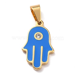 304 Stainless Steel Enamel Pendants, with Rhinestone and 201 Stainless Steel Bails, Hamsa Hand, Dodger Blue, 22x13x2.5mm, Hole: 3.8x7mm(STAS-F277-03G)